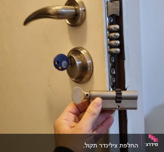 יד מחזיקה צילינדר דלת עם מנעול ומפתח